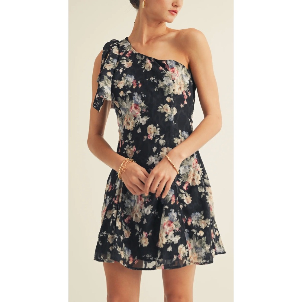 Arose‎ Studio Black Floral Sierra One-Shoulder Mini DressBow Detail Size M FUN